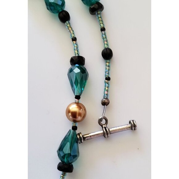 Handcrafted Beaded Necklace With Teal Glass Beads Gold Accents & Panther Charm - Picture 4 of 6